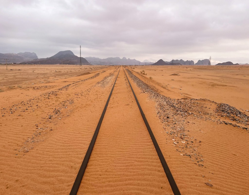 a train track in the middle of a desert