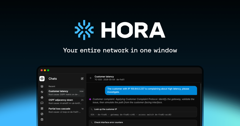 HORA AI network operations platform showing an AI engineer investigating a customer latency issue