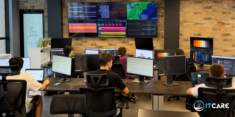 ITcare network operations centre with engineers monitoring ISP and data centre networks on a video wall.
